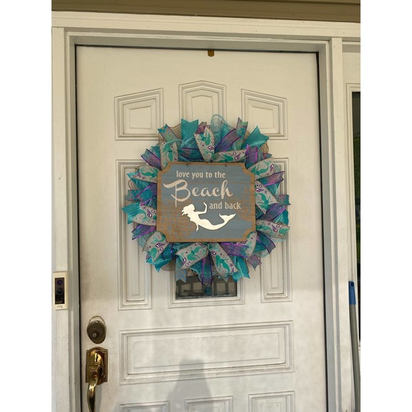 Mermaid Wreath, Welcome to the Beach Mesh Ribbon Wreath Door Hanger Home Decor - Picture 8 of 8